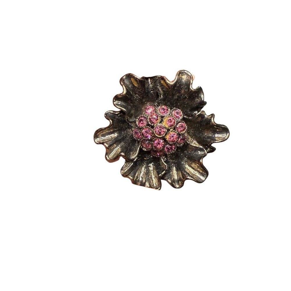 BKE Gunmetal Flower with purple stones statement ring- size 7
